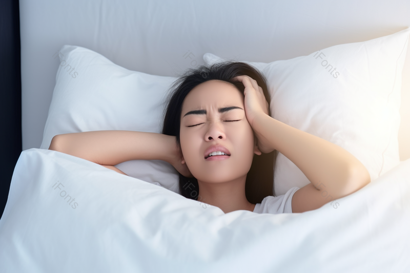 床上头疼痛苦的女模特实拍摄影图,高清,摄影图,摄影图片,图片大全,摄影图免费下载